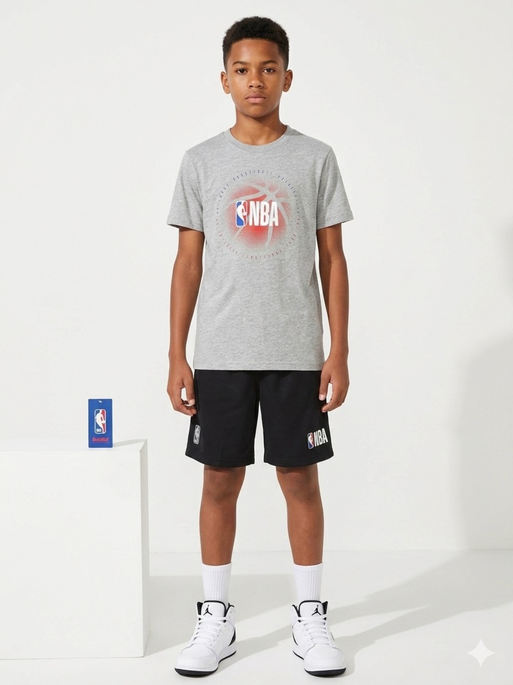 ✅ NWT NBA Youth Boys Gray Tee & Black Mesh Shorts Set - Size 14/16